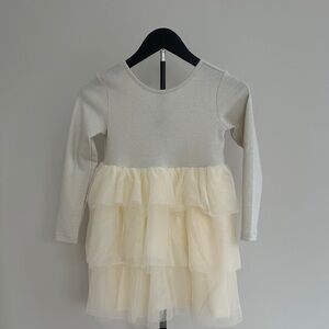 Hanna Anderson Girl’s Cream and Metallic Silver Long Sleeve Layered Tulle Dress
